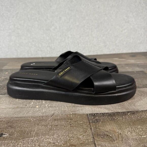 Cole Haan Womens 11B Grandpro Leather Rally Criss Cross Slide Sandals Black - Picture 1 of 8
